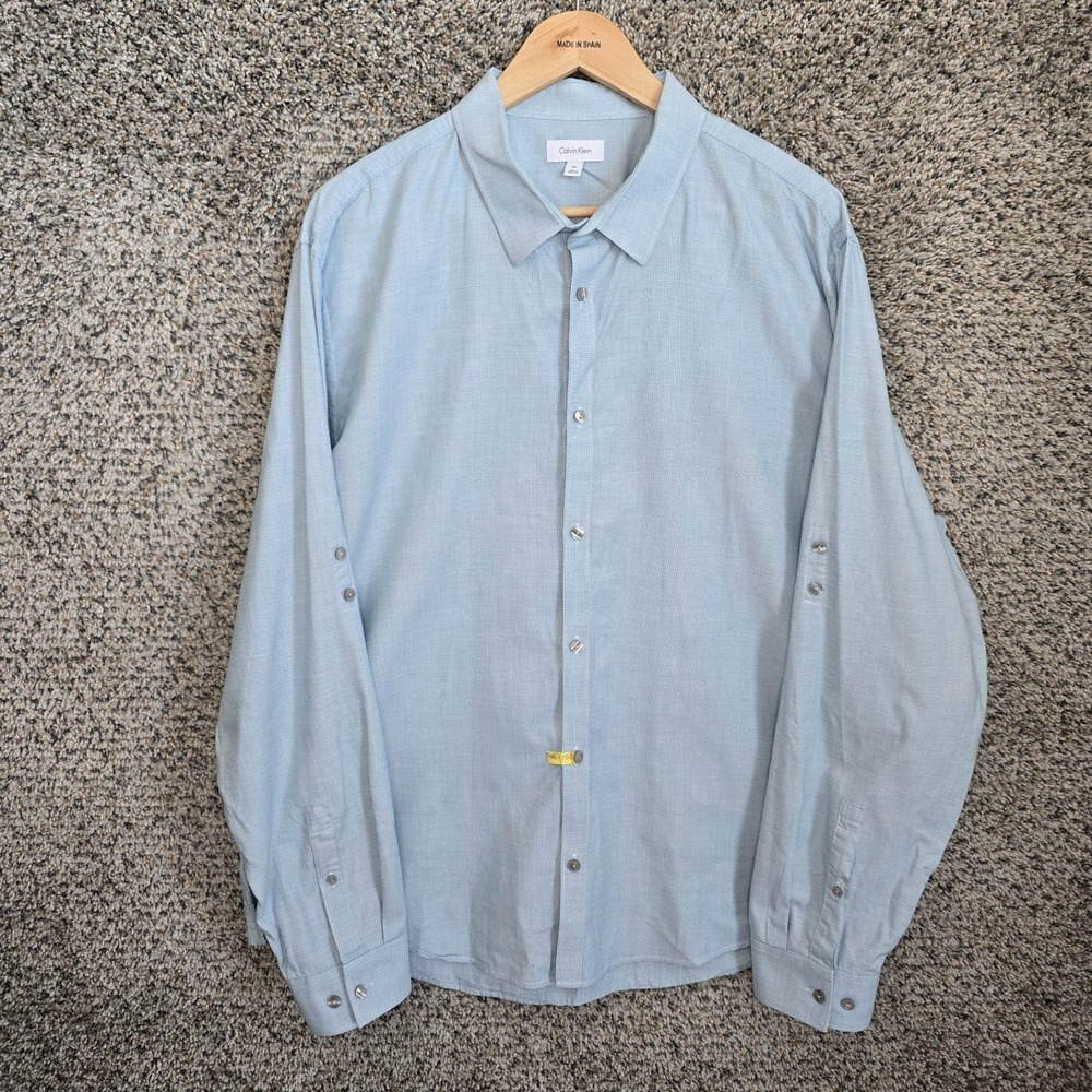 Calvin Klein Dress Shirt Mens XXL 2XL Blue Button Up‎ Roll Tab Sleeve Cotton